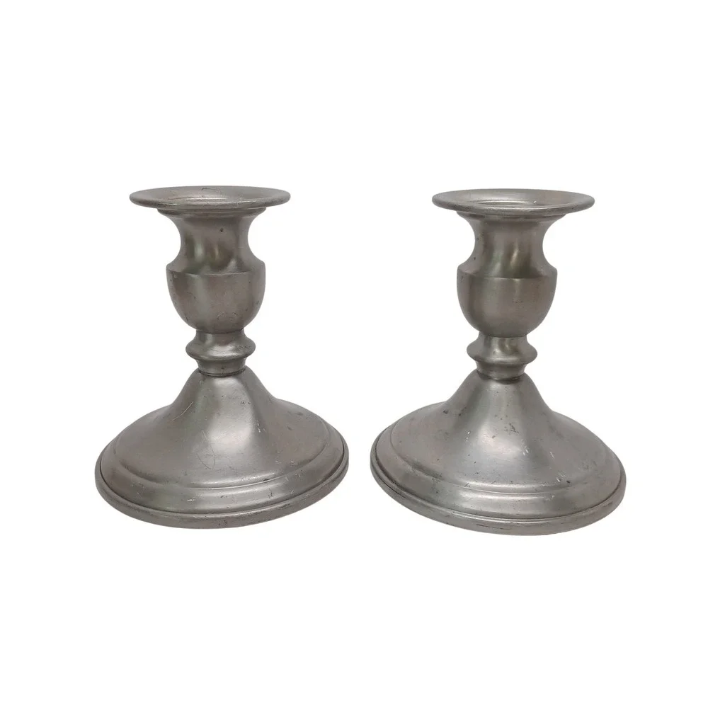 Web Pewter Weighted Candlestick Pair Silver Tone Taper Candle Holders Set of 2